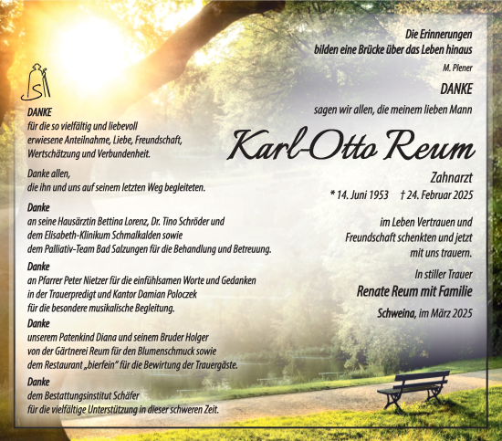 Traueranzeige von Karl-Otto Reum von Südthüringer Presse