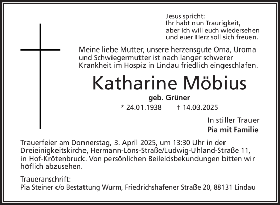 Traueranzeige von Katharine Möbius von Frankenpost