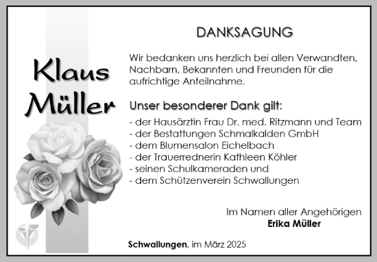Traueranzeige von Klaus Müller von Südthüringer Presse