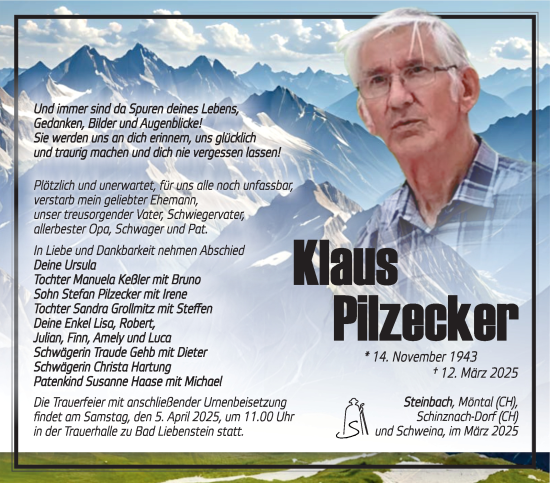 Traueranzeige von Klaus Pilzecker von Südthüringer Presse