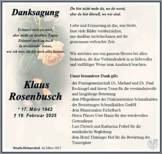 Traueranzeige von Klaus Rosenbusch von Südthüringer Presse