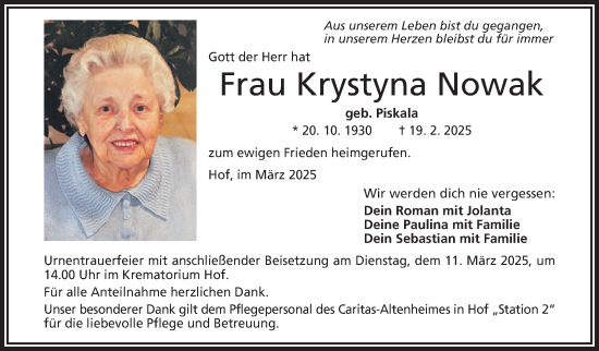 Traueranzeige von Krystyna Nowak von Frankenpost
