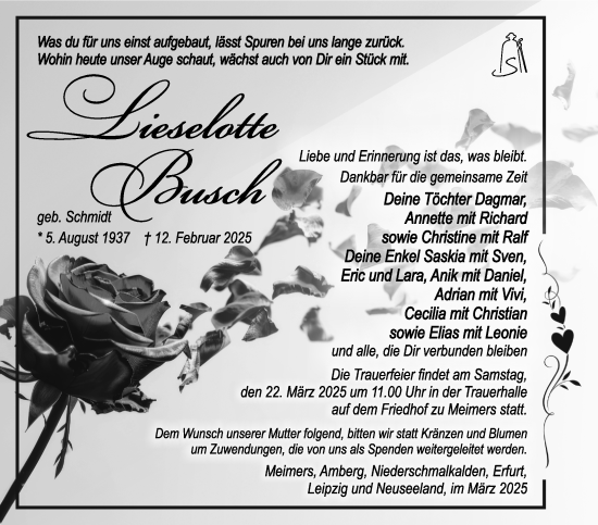 Traueranzeige von Lieselotte Busch von Südthüringer Presse
