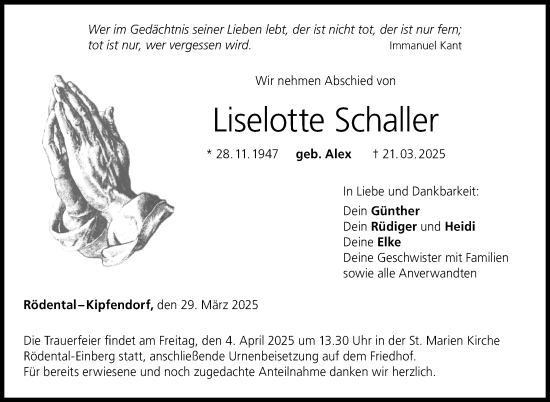 Traueranzeige von Liselotte Schaller von Neue Presse Coburg