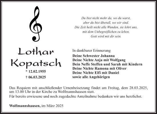 Traueranzeige von Lothar Kopatsch von Südthüringer Presse
