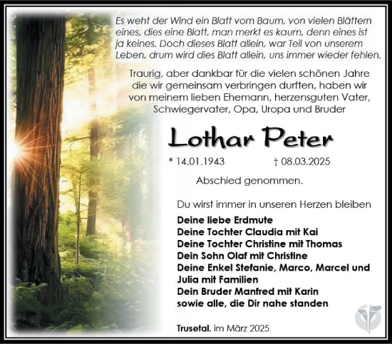 Traueranzeige von Lothar Peter von Südthüringer Presse