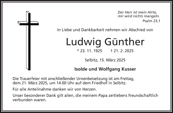 Traueranzeige von Ludwig Günther von Frankenpost