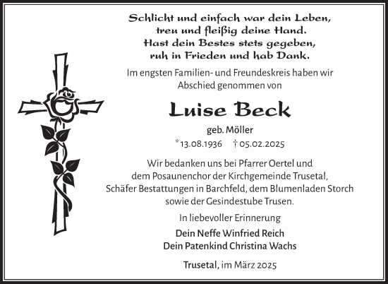 Traueranzeige von Luise Beck von Südthüringer Presse