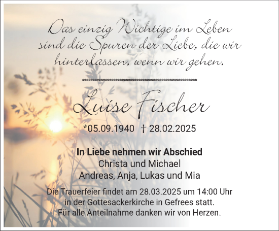 Traueranzeige von Luise Fischer von Frankenpost