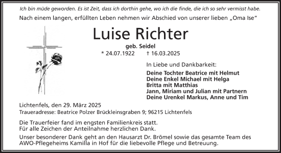 Traueranzeige von Luise Richter von Frankenpost