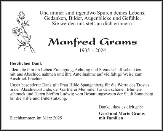 Traueranzeige von Manfred Grams von Südthüringer Presse