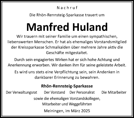 Traueranzeige von Manfred Huland von Südthüringer Presse