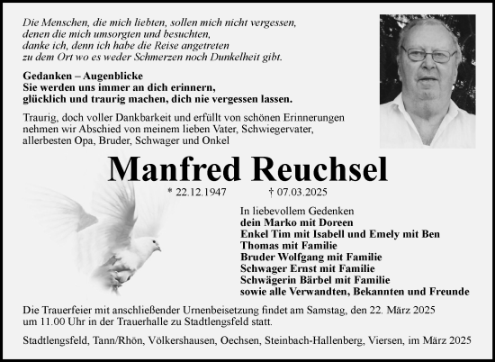 Traueranzeige von Manfred Reuchsel von Südthüringer Presse