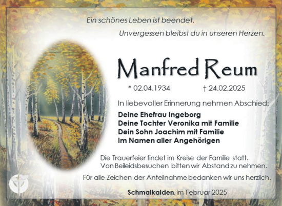 Traueranzeige von Manfred Reum von Südthüringer Presse
