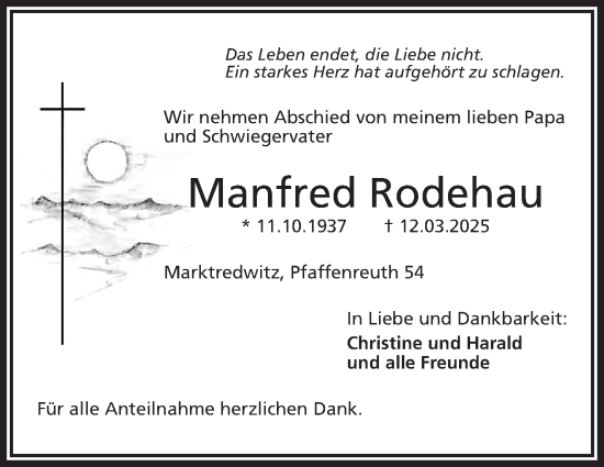 Traueranzeige von Manfred Rodehau von Frankenpost