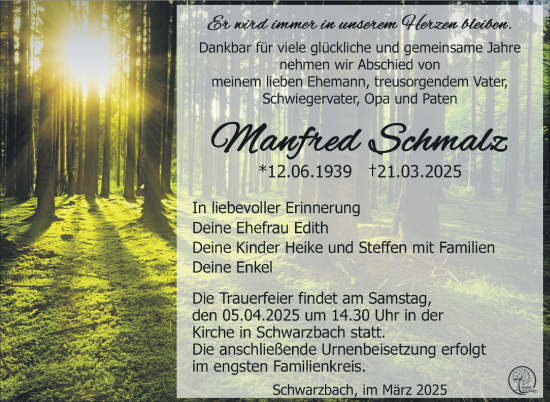 Traueranzeige von Manfred Schmalz von Südthüringer Presse
