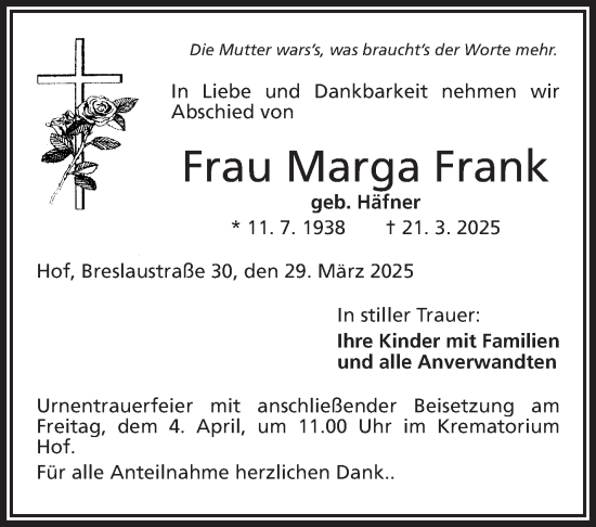 Traueranzeige von Marga Frank von Frankenpost