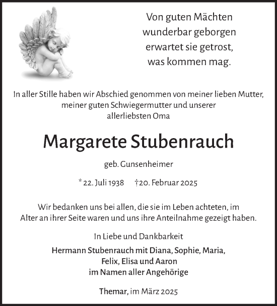 Traueranzeige von Margarete Stubenrauch von Südthüringer Presse