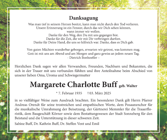 Traueranzeige von Margarete Charlotte Buff von Südthüringer Presse