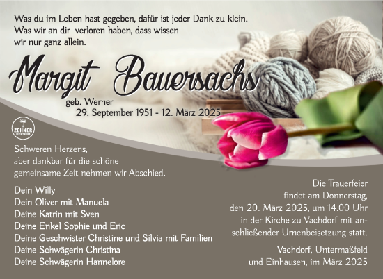 Traueranzeige von Margit Bauersachs von Südthüringer Presse