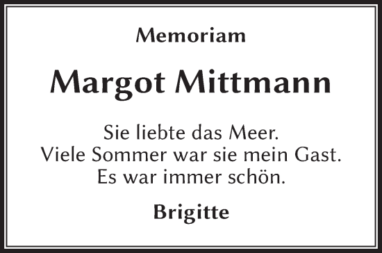 Traueranzeige von Margot Mittmann von Südthüringer Presse