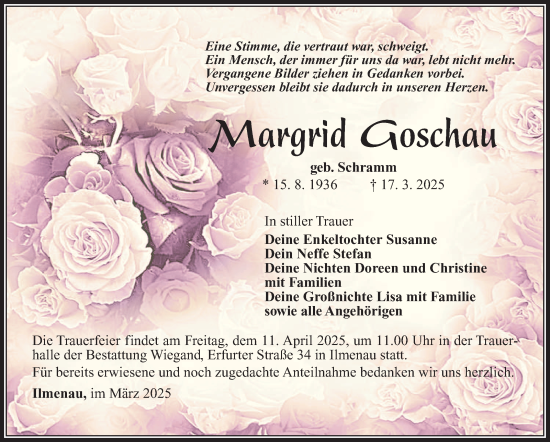 Traueranzeige von Margrid Goschau von Südthüringer Presse