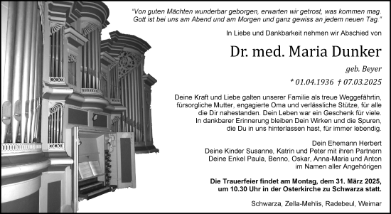 Traueranzeige von Maria Dunker von Südthüringer Presse
