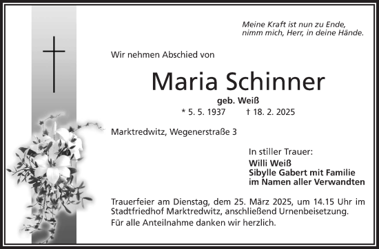 Traueranzeige von Maria Schinner von Frankenpost