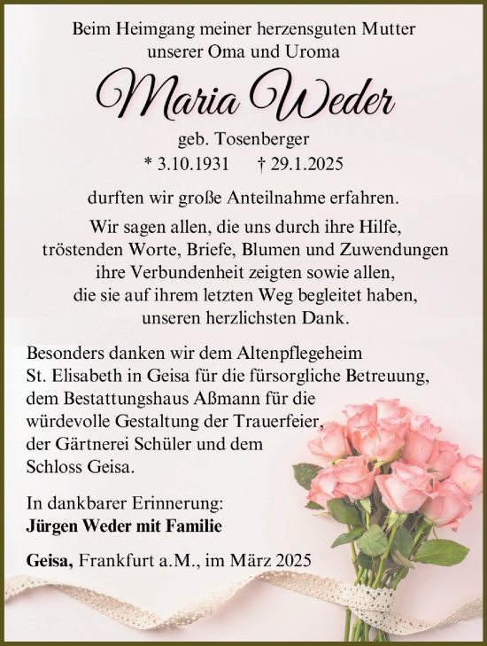 Traueranzeige von Maria Weder von Südthüringer Presse