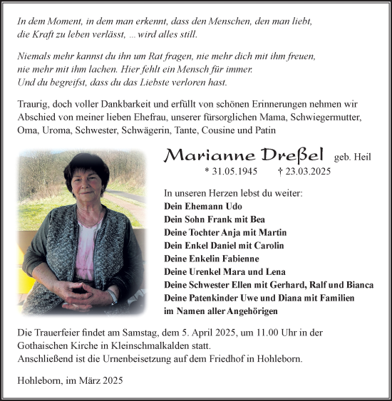 Traueranzeige von Marianne Dreßel von Südthüringer Presse