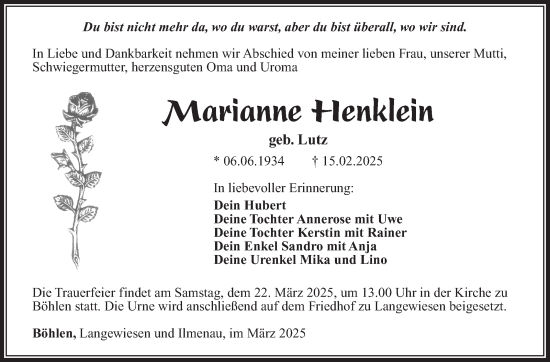 Traueranzeige von Marianne Henklein von Südthüringer Presse