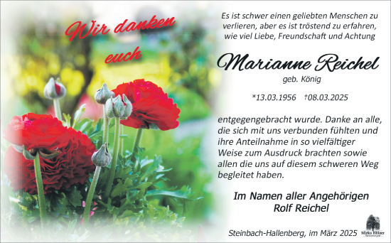 Traueranzeige von Marianne Reichel von Südthüringer Presse