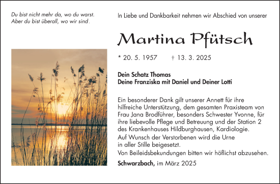 Traueranzeige von Martina Pfütsch von Südthüringer Presse