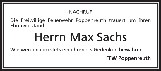 Traueranzeige von Max Sachs von Frankenpost
