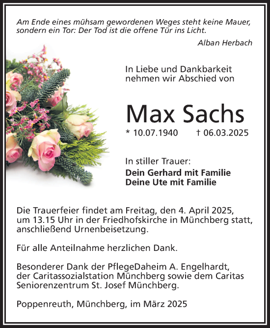 Traueranzeige von Max Sachs von Frankenpost