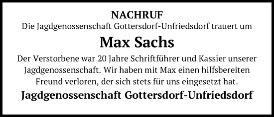 Traueranzeige von Max Sachs von Frankenpost