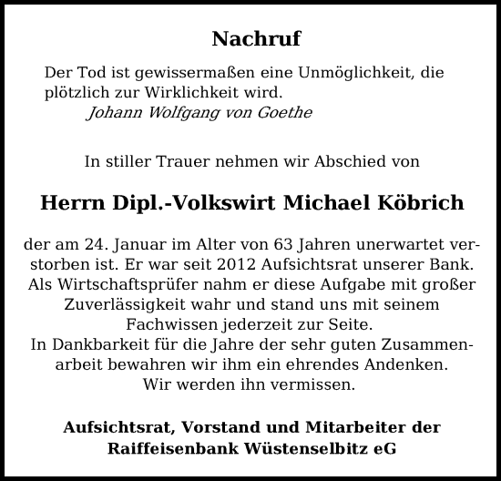 Traueranzeige von Michael Köbrich von Frankenpost