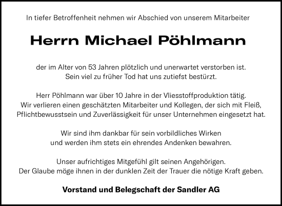 Traueranzeige von Michael Pöhlmann von Frankenpost