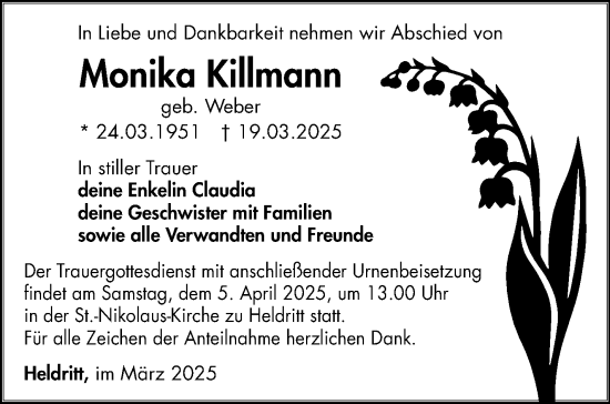Traueranzeige von Monika Killmann von Neue Presse Coburg