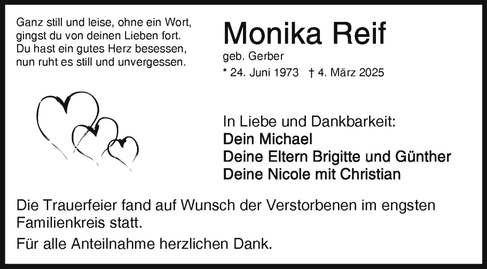  Traueranzeige für Monika Reif vom 29.03.2025 aus Frankenpost
