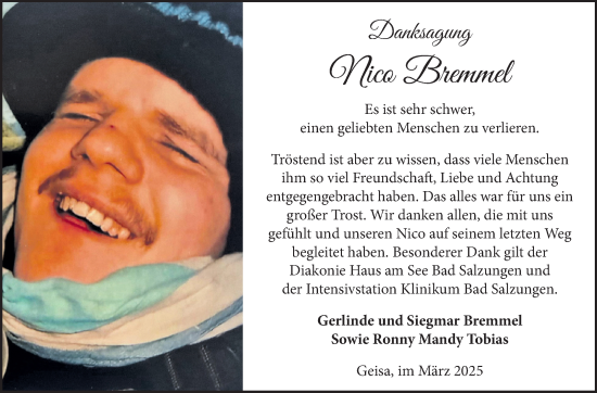 Traueranzeige von Nico Bremmel von Südthüringer Presse