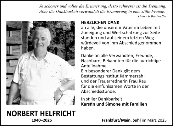 Traueranzeige von Norbert Helfricht von Südthüringer Presse
