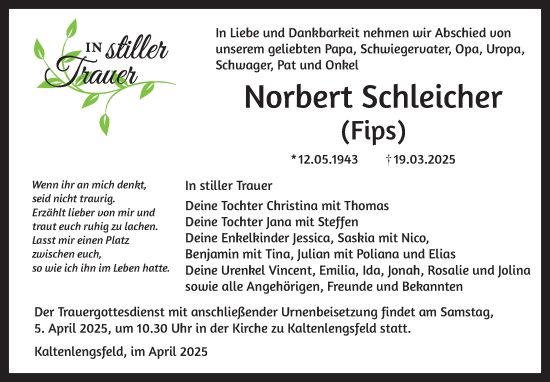 Traueranzeige von Norbert Schleicher von Südthüringer Presse
