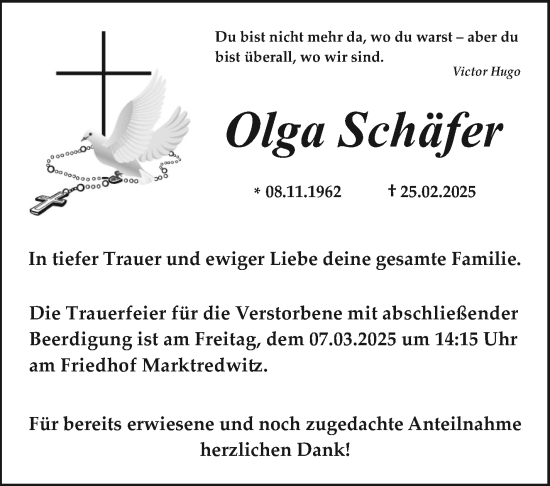 Traueranzeige von Olga Schäfer von Frankenpost