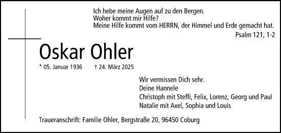 Traueranzeige von Oskar Ohler von Neue Presse Coburg