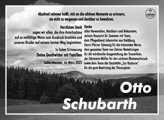 Traueranzeige von Otto Schubarth von Südthüringer Presse