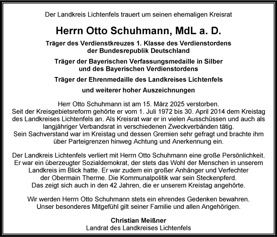 Traueranzeige von Otto Schuhmann von Neue Presse Coburg