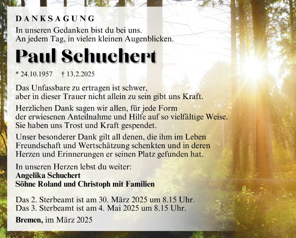 Traueranzeige für Paul Schuchert vom 22.03.2025 aus Südthüringer Presse