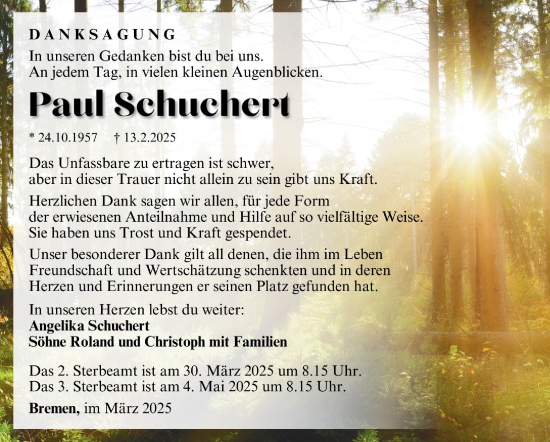 Traueranzeige von Paul Schuchert von Südthüringer Presse