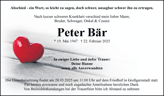 Traueranzeige von Peter Bär von Neue Presse Coburg